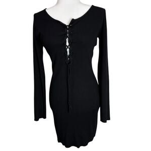 Aster Black Ribbed Long Sleeve Mid Length Dress Size Large